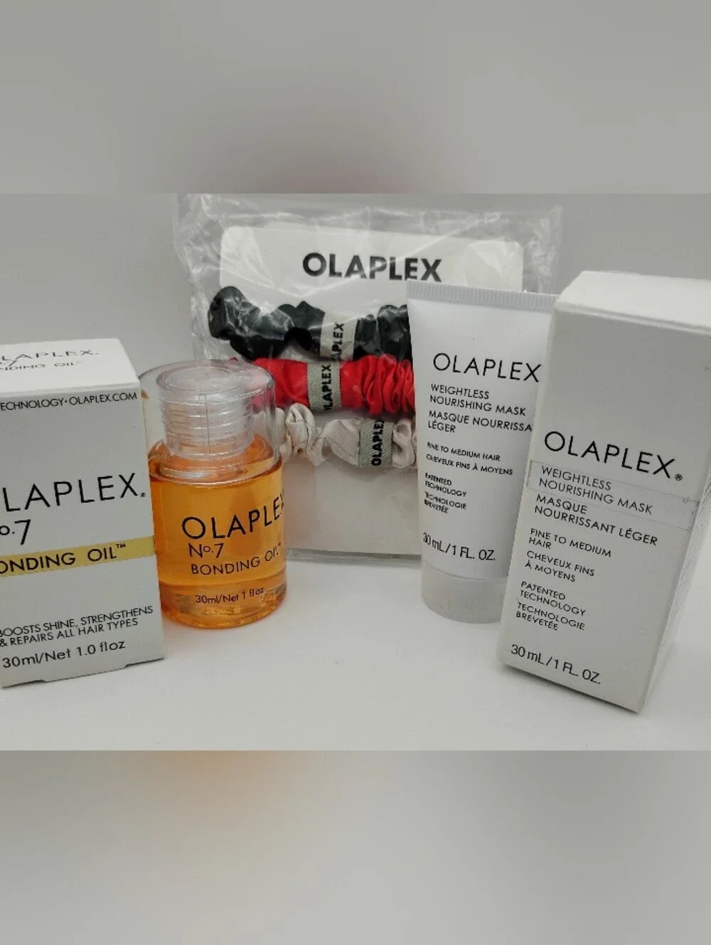 Olaplex Set with No.7 Bonding Oil & Nourishing  Mask, & 3 Piece Silk Hair Ties